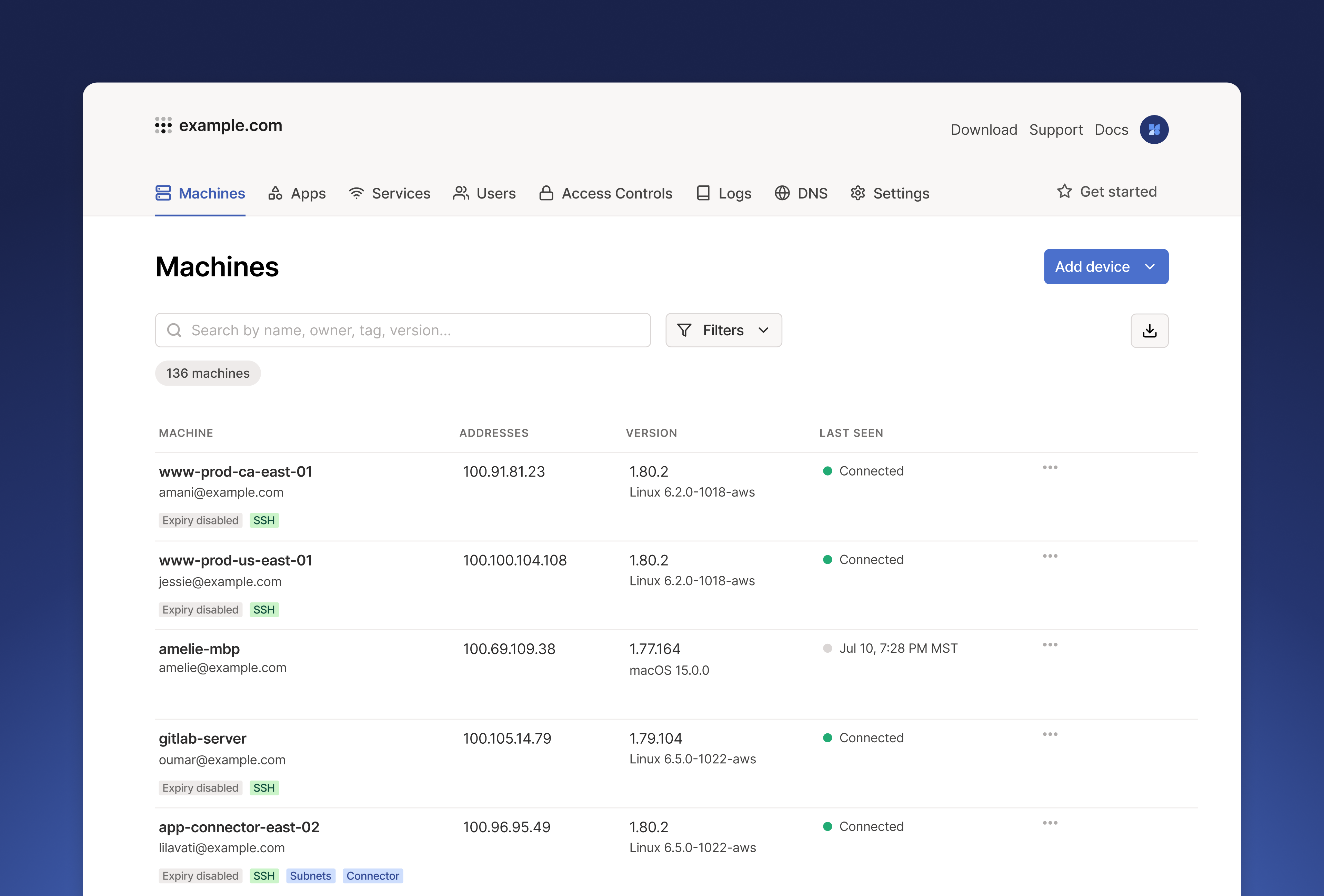 Tailscale admin console dashboard showing a list of machines